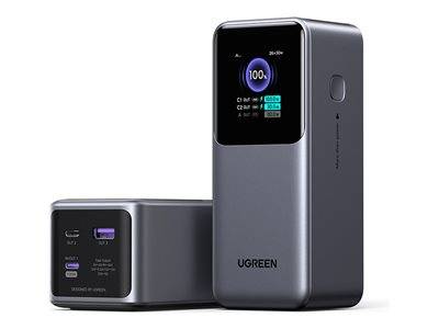 Tragbare Powerbank mit digitaler Anzeige, die den Batteriestand in Prozentfällen anzeigt. Zwei sichtbare Anschlüsse zum Laden von Geräten. Markenname 