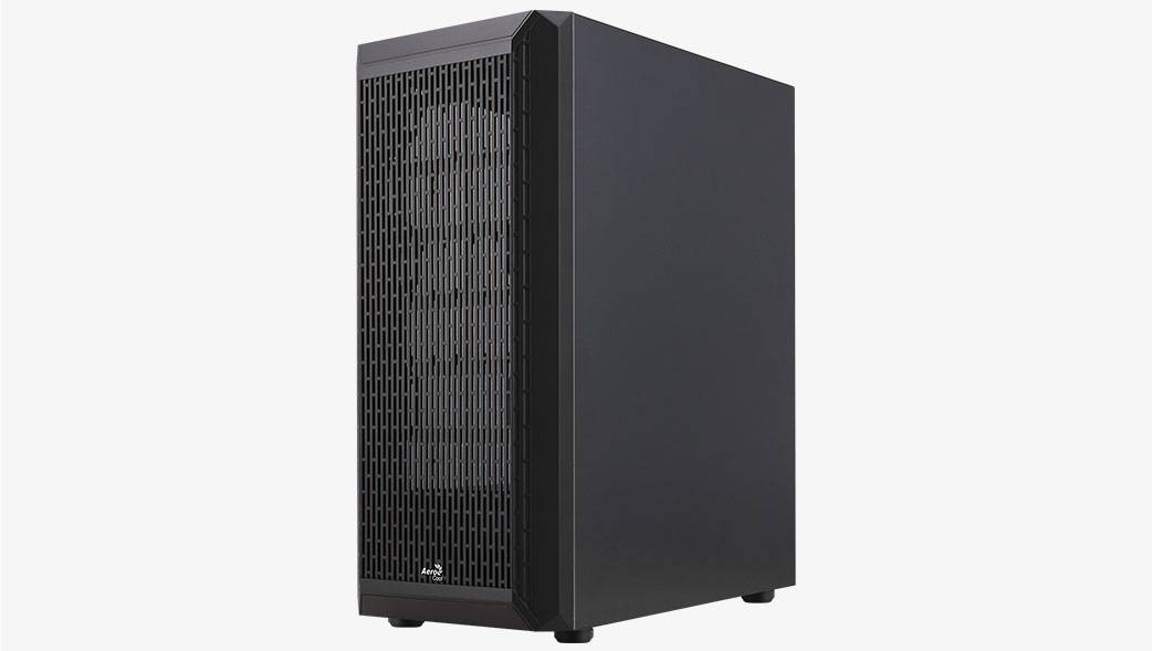 Ein eleganter, schwarzer Computer-Tower mit gelüfteter Frontblende, konstruiert für optimale Kühlung und Luftzirkulation. Ideal für Desktop-Setups.