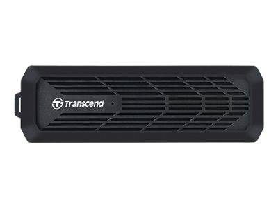 Transcend Solid-State-Drive, schwarz mit diagonalem Design, Transcend-Logo auf der linken Seite. Wird häufig zur Verbesserung der Datenspeicherung verwendet.