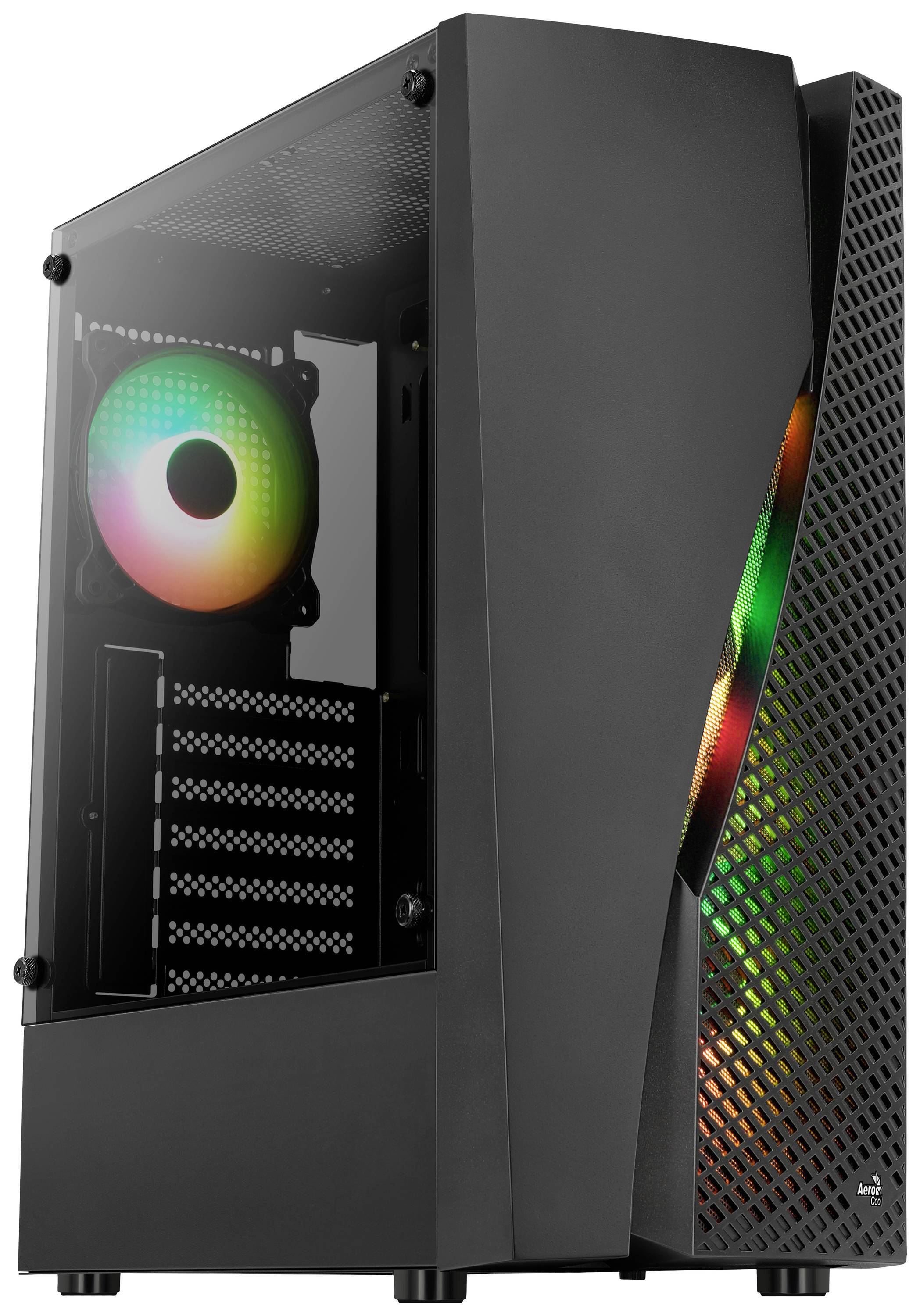 Ein schwarzer Desktop-Computer-Tower mit einem transparenten Seitenpaneel, das einen Innenlüfter mit leuchtender RGB-Beleuchtung in Regenbogenfarben zeigt.