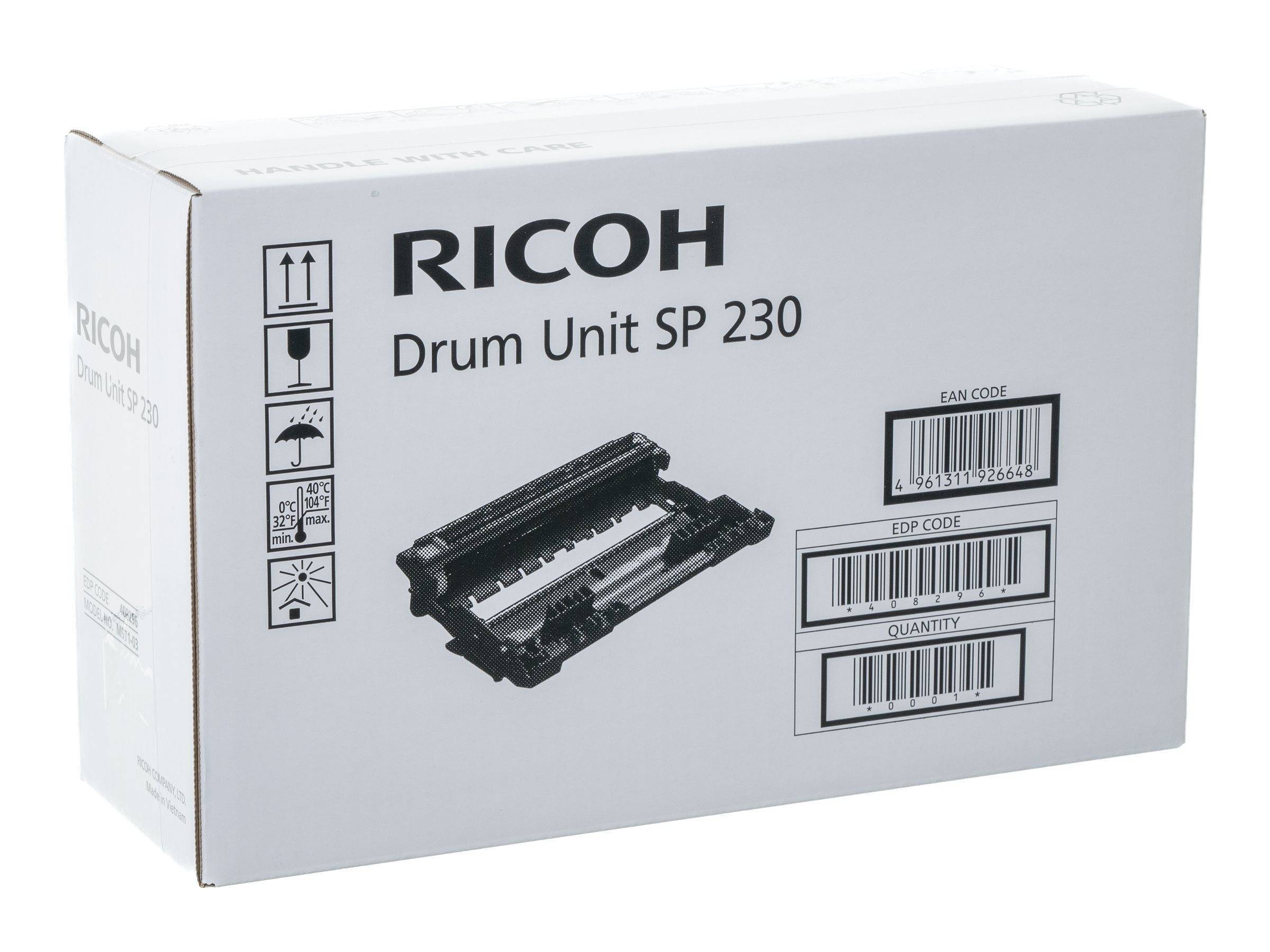 Ricoh Trommeleinheit SP 230 Schachtel mit Produktbild und Barcode auf der Seite.