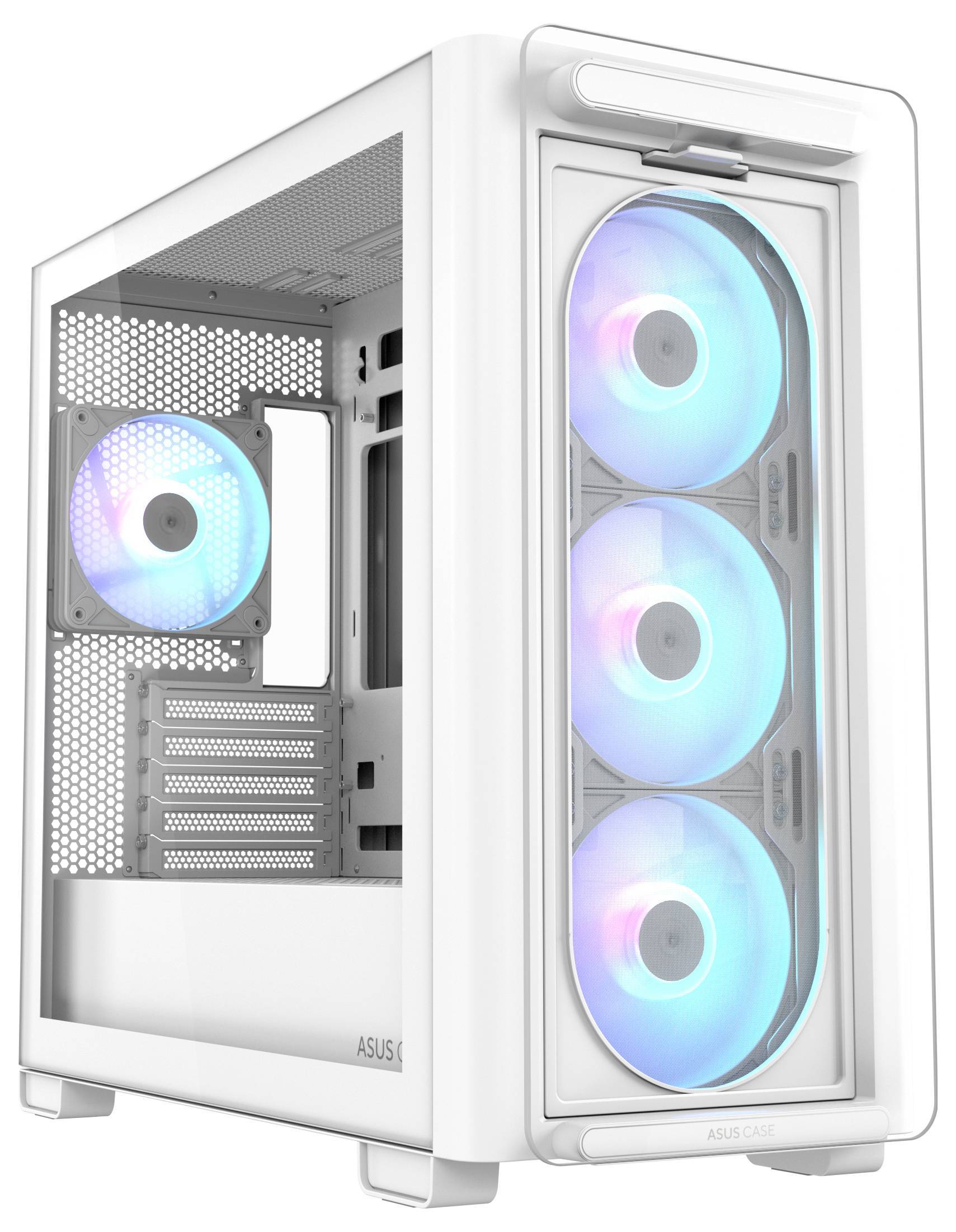 Ein weißes Computergehäuse mit transparenter Seitenwand, in dem vier beleuchtete Lüfter mit blauer und rosafarbener RGB-Beleuchtung untergebracht sind, das den Innenraum für die Hardware präsentiert.