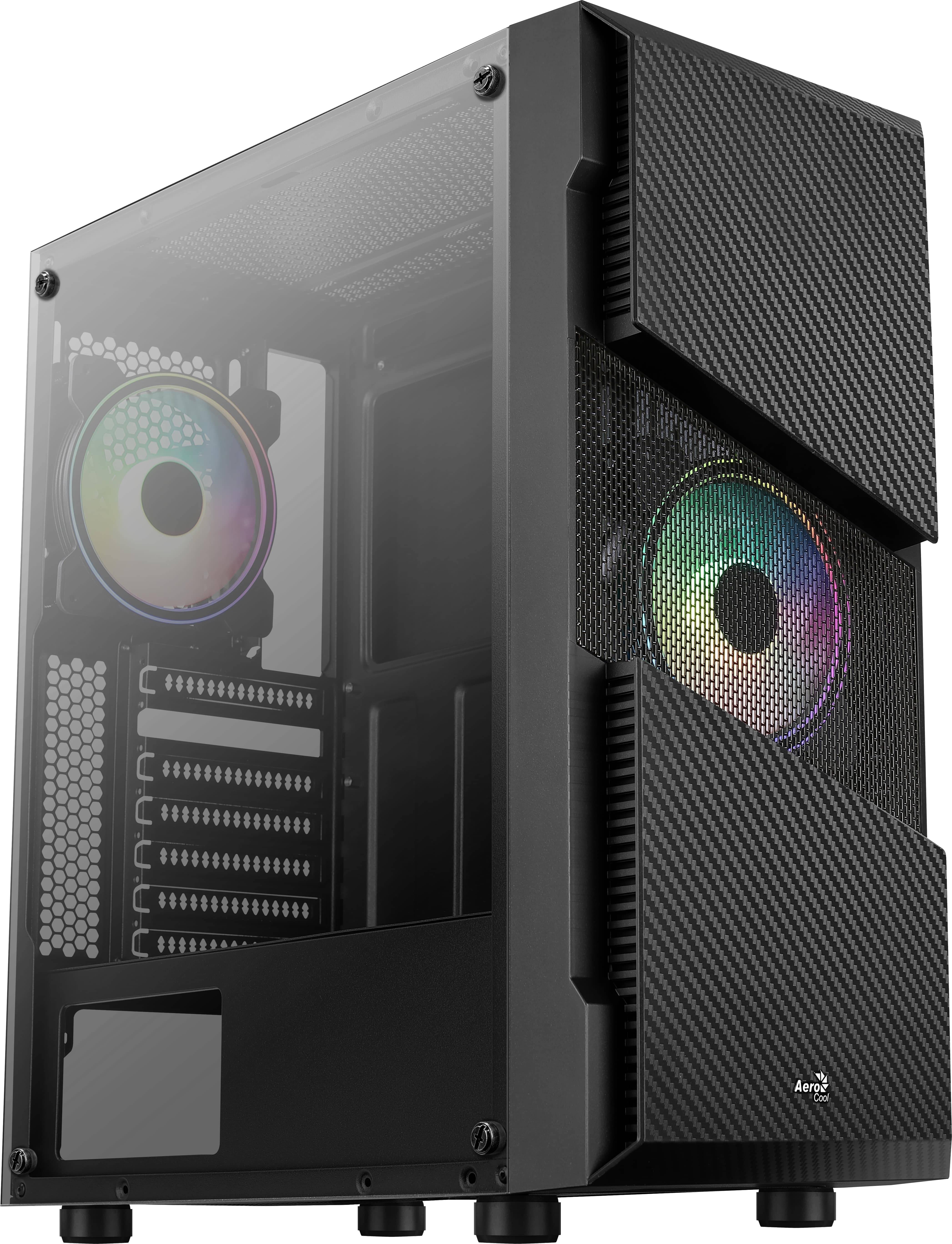Ein schwarzes Computergehäuse mit einem transparenten Seitenpanel zeigt zwei RGB-Kühlventilatoren, die farbiges Licht ausstrahlen.