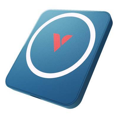 Ein quadratisches blaues Gerät mit einem roten 'V'-Logo in der Mitte, umgeben von einem weißen Ring.