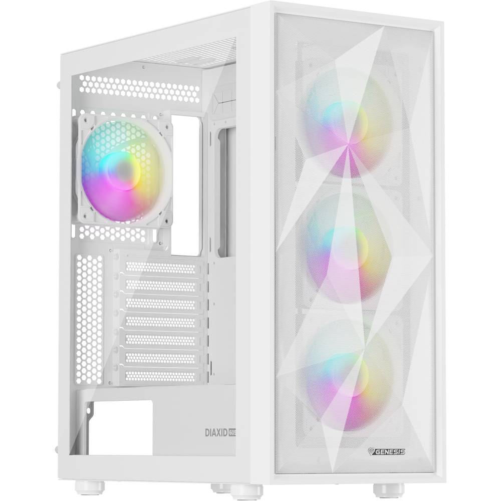 Weißes Computergehäuse mit transparentem Seitenpanel und Front, das drei farbenfrohe RGB-Lüfter an der Vorderseite mit Regenbogenbeleuchtung zeigt.