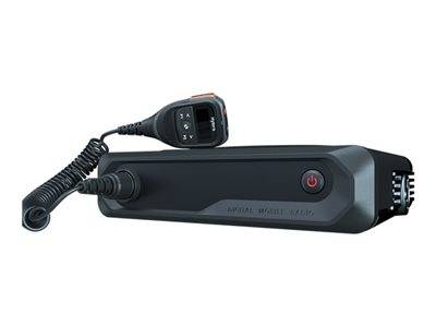 Zwei-Wege-Funkgerät mit angeschlossenem Spiralmikrofon, schwarzes Gehäuse, Einschalter an der Seite, Aufschrift „Motorola