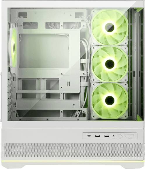 Ein weißes Computergehäuse mit vier leuchtend grünen Kühlventilatoren; Innenausstattung und Verkabelung sichtbar; keine zusätzliche Hardware installiert.