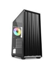 Ein schwarzer Computerturm mit einem durchsichtigen Seitenpaneel zeigt interne Komponenten und einen Lüfter, der mehrfarbige LED-Lichter ausstrahlt.