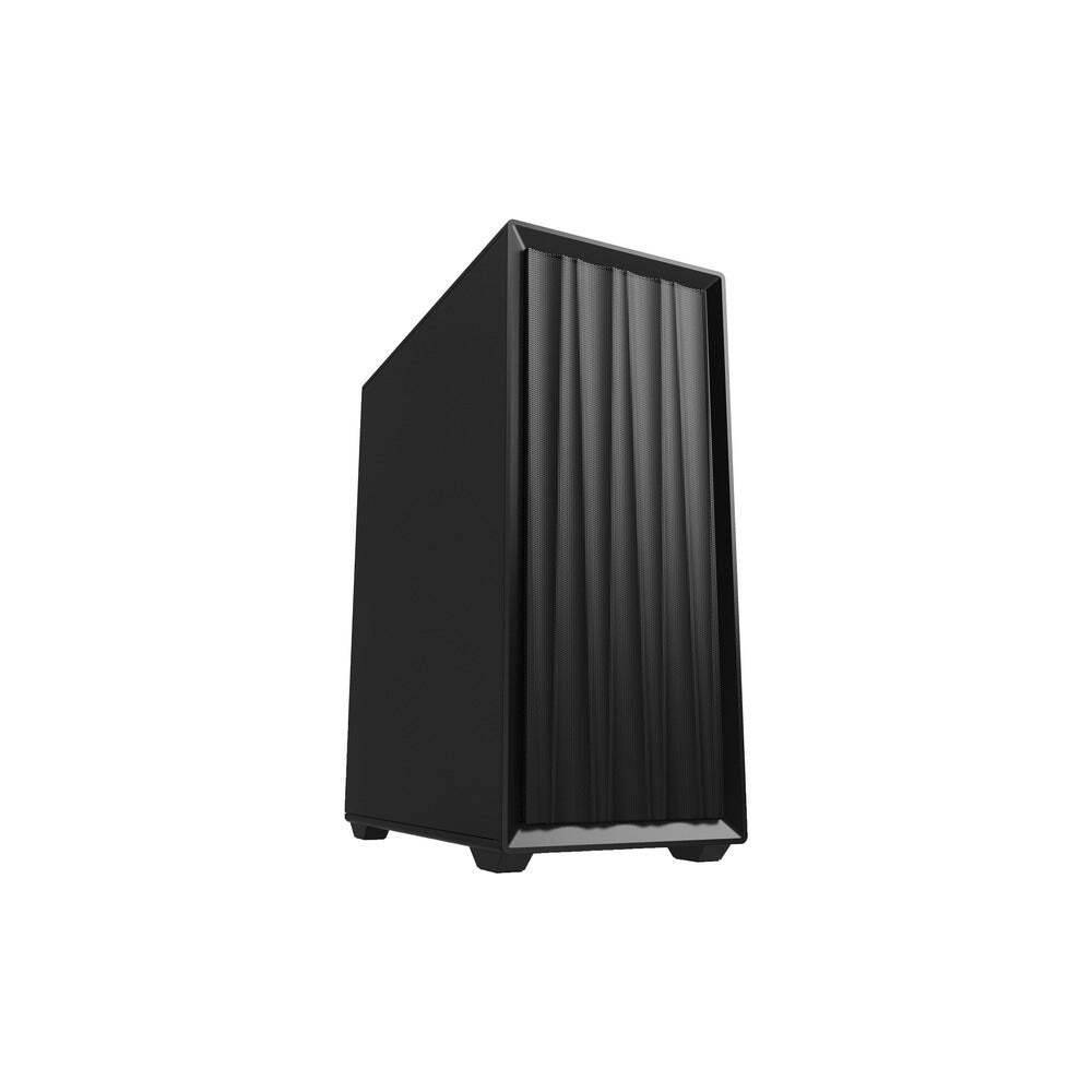 Ein eleganter, schwarzer Computer-Tower mit einer vertikalen, gerippten Frontplatte, vor einem schlichten weißen Hintergrund.