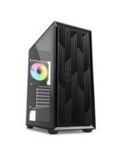 Ein schwarzes Computer-Gehäuse mit einer Glasseitenwand und sichtbarem Kühlungslüfter mit mehrfarbiger LED-Beleuchtung.