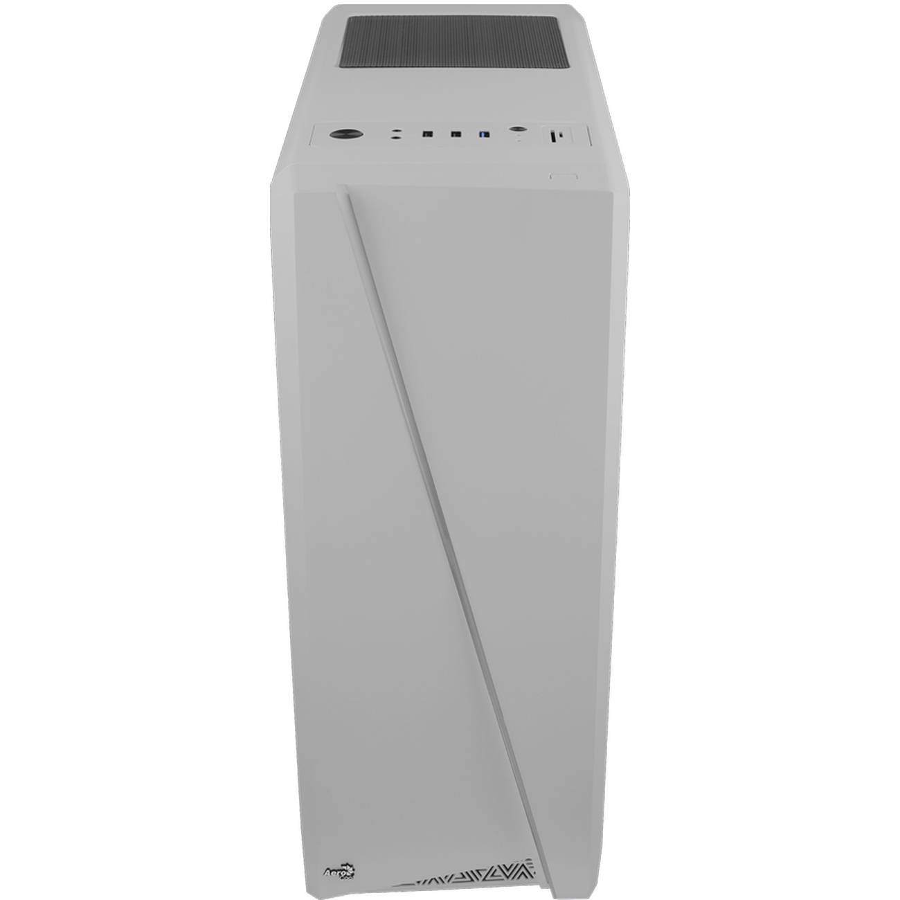 Ein weißer Computer-Tower mit minimalistische Gestaltung verfügt über ein geometrisches Frontpanel, einen Netzschalter, Anschlüsse und eine Belüftung oben.