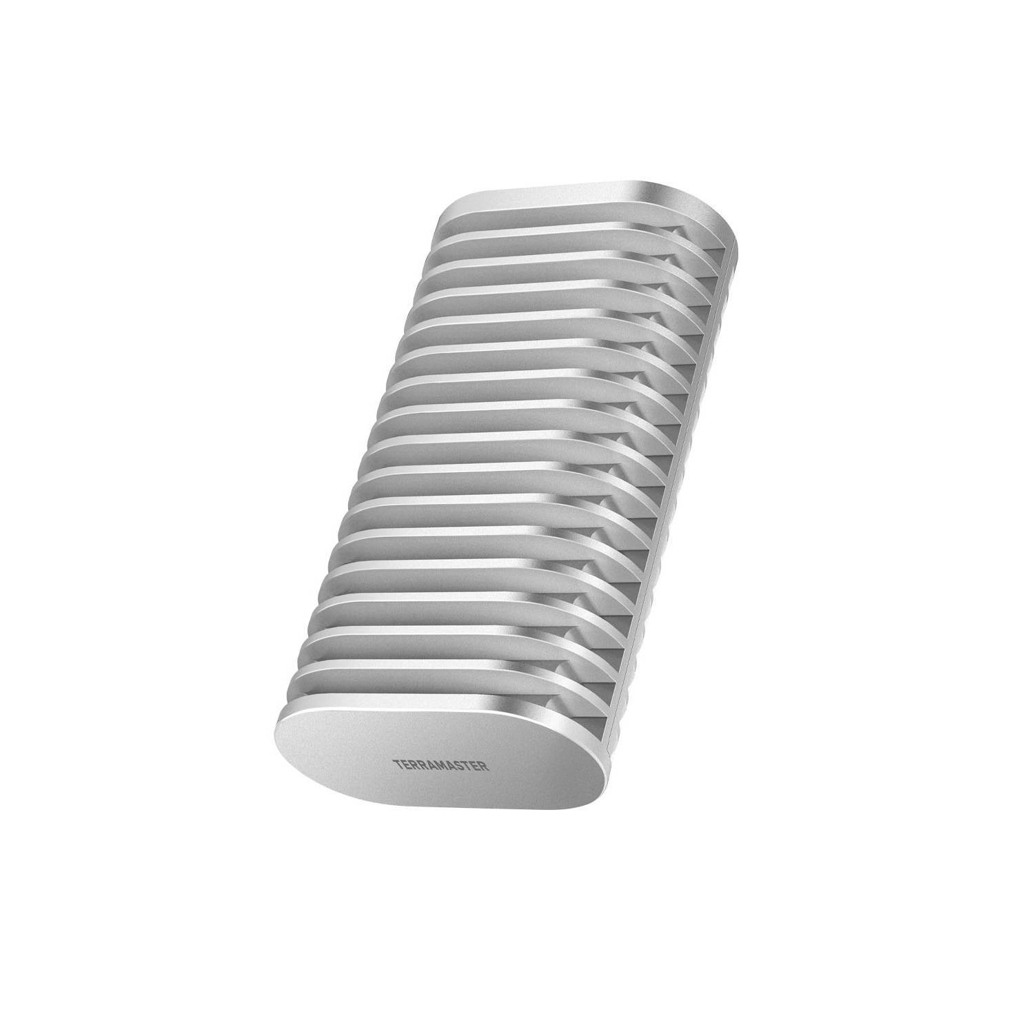 Ein silbernes externes Festplattenlaufwerk mit einer gerillten Oberfläche und sichtbarem Markennamen. Das kompakte, moderne Design deutet auf Portabilität hin.