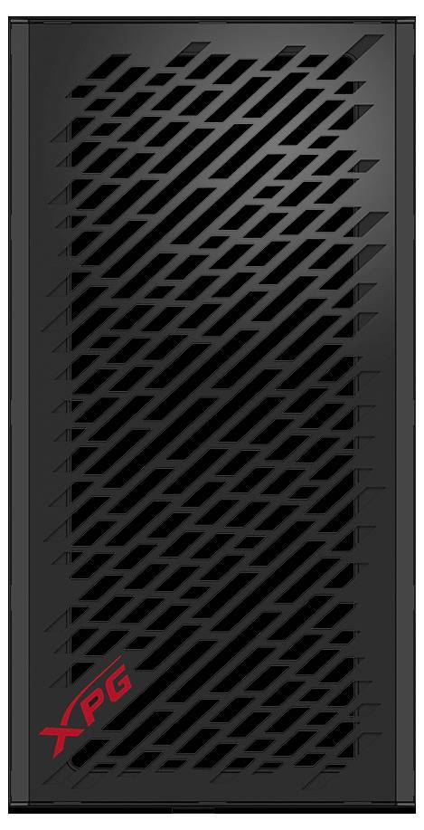 Ein schwarzes, rechteckiges Metallpanel mit einem abgewinkelten, geometrischen Gittermuster, das Belüftung ermöglicht.