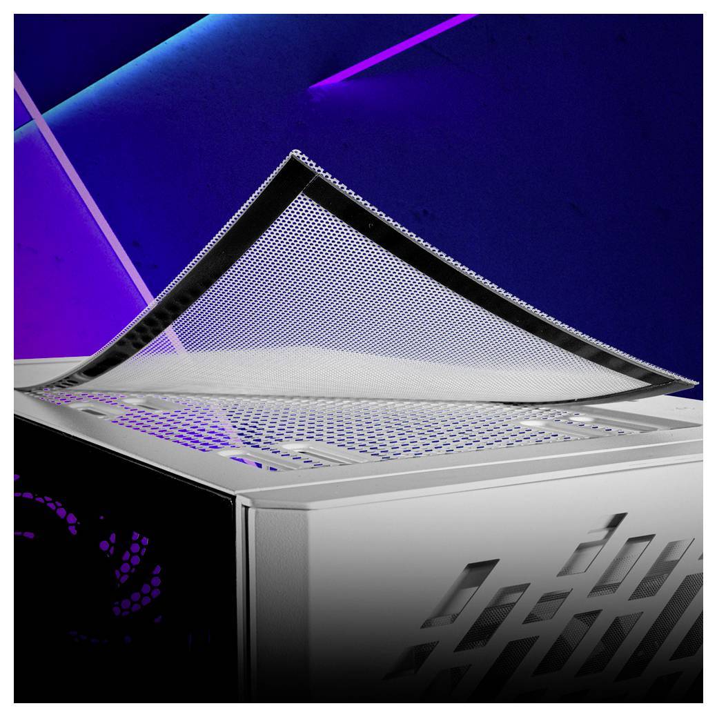 Ein Computergehäuse mit einem teilweise geöffneten Gitterfeld-Panel, das das Innere offenbart, vor einem Hintergrund mit diagonalen violetten und blauen Linien.