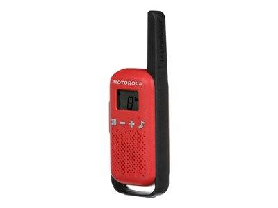 Ein rotes Motorola Talkabout Funkgerät mit einer schwarzen Antenne und einem digitalen Display, das die Zahl „8