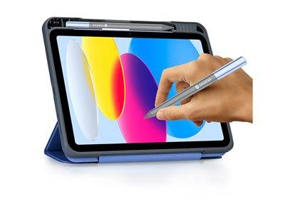 Eine Hand verwendet einen Stylus auf einem Tablet, das farbige sich überlappende Formen anzeigt, was auf digitale Zeichen- oder Notizfunktionalität hindeutet.