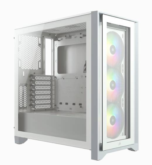 Weißer Computer-Tower mit Glaspanel, das den Innenraum für Komponenten zeigt, mit farbigen LED-Lüftern an der Vorderseite.