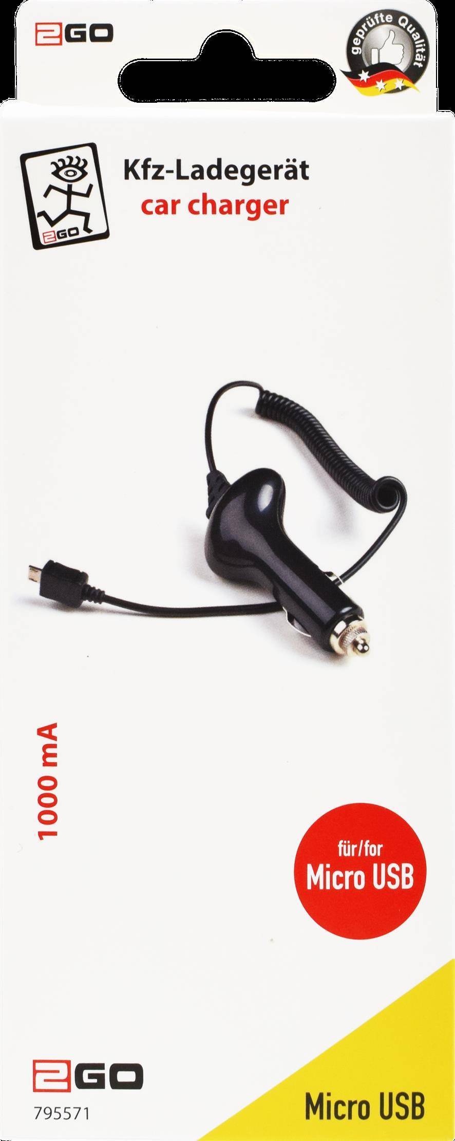 Ein schwarzes Autoladeegerät mit aufgewickeltem Kabel und Micro-USB-Anschluss wird vor weißem Hintergrund gezeigt.