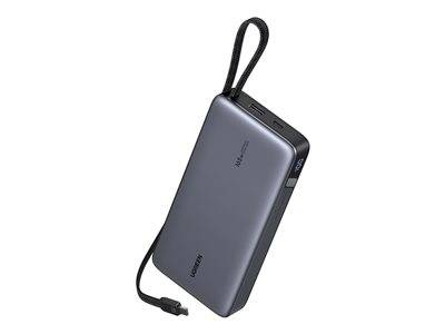 Eine schlanke, schwarze tragbare Powerbank mit angebrachtem Ladekabel, gekennzeichnet mit dem Markennamen „UGREEN