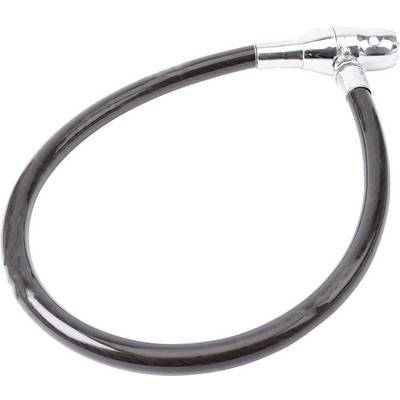 Schwarzes Kabel mit glänzendem Metallstecker, zu einer Schleife aufgerollt, wahrscheinlich zum Sichern oder Verriegeln verwendet.