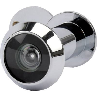 Nahaufnahme eines Türspions aus Chrom mit Weitwinkelobjektiv, entwickelt zum Hindurchblicken durch Türen, um Besucher auf der anderen Seite zu sehen.