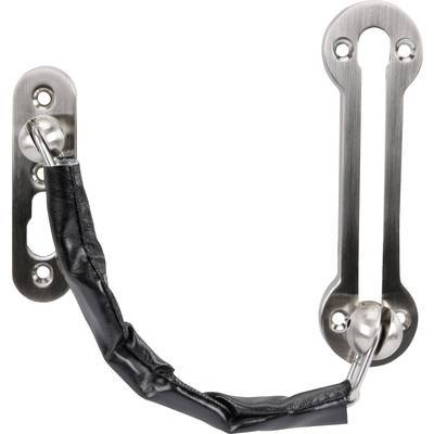 Eine Sicherheitskettenschloss aus Edelstahl mit einer schwarzen Kettenschutzabdeckung, an einer Tür montiert, das einen zusätzlichen Schließmechanismus bietet.