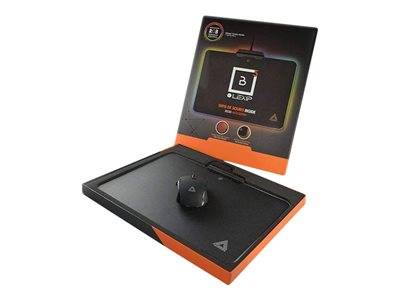 Orange und schwarzes Gaming-Maus- und Mousepad-Set' Verpackung; mit Logo und Gaming-Funktionen versehen, in einer Box präsentiert.