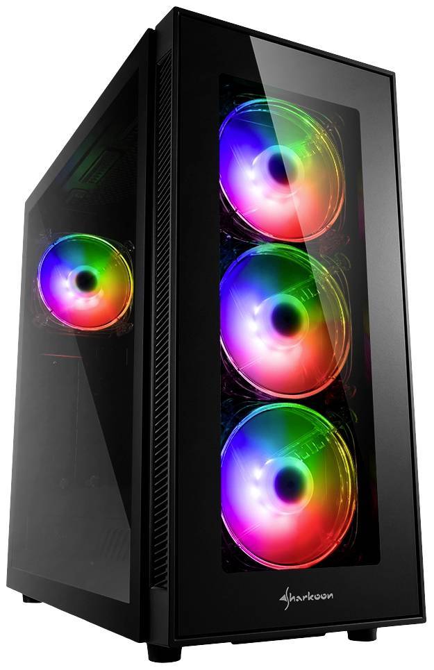 Ein schwarzer Computer-Turm mit vier farbigen, beleuchteten Kühlventilatoren auf der Frontplatte, die eine Reihe von lebendigen RGB-Farben zeigen.