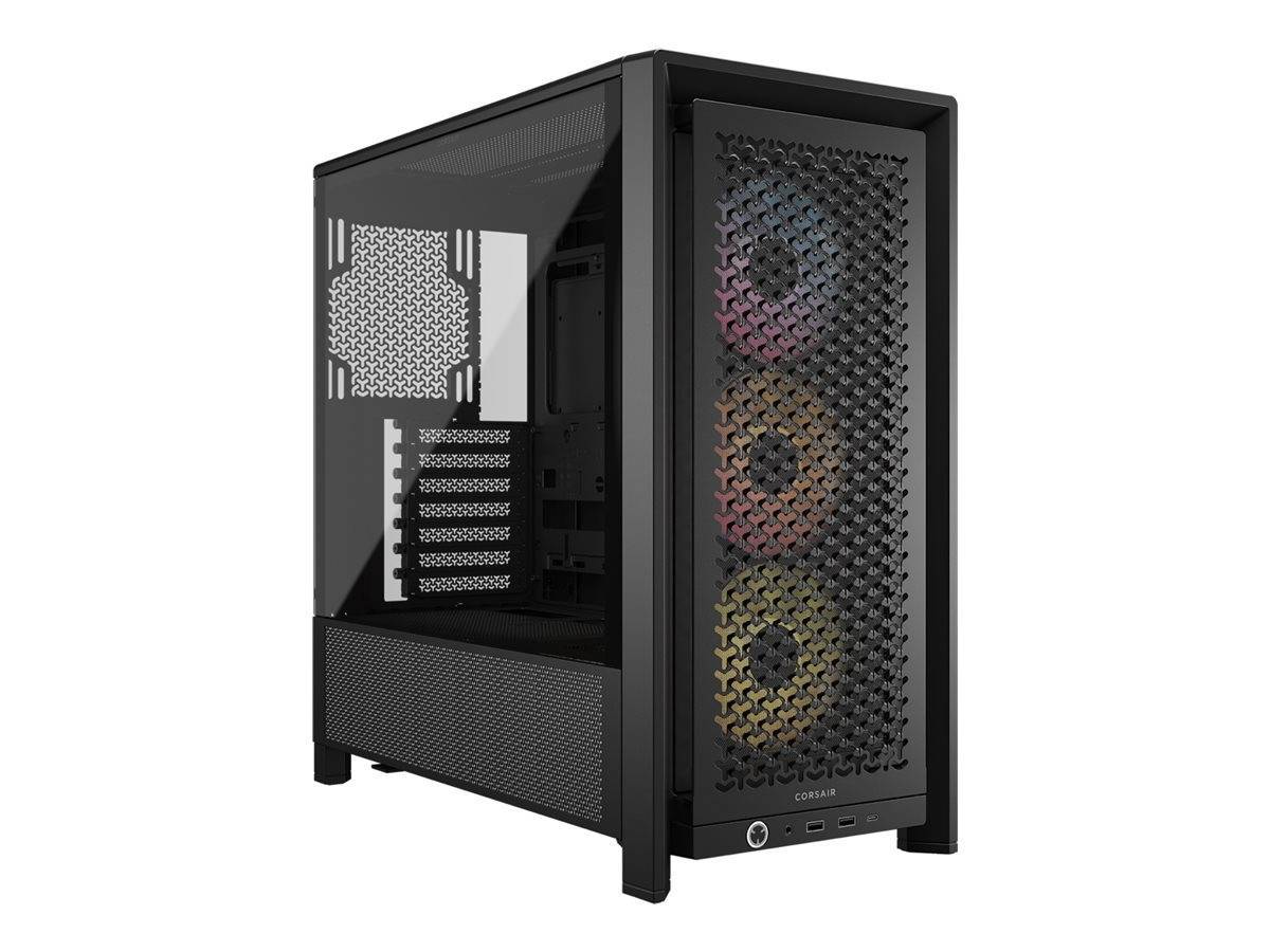 Ein schwarzes mittelgroßes PC-Gehäuse mit Tower-Design mit drei RGB-Lüftern auf der Frontplatte und einer transparenten Seitenwand, die den internen Rahmen für Computerkomponenten zeigt.