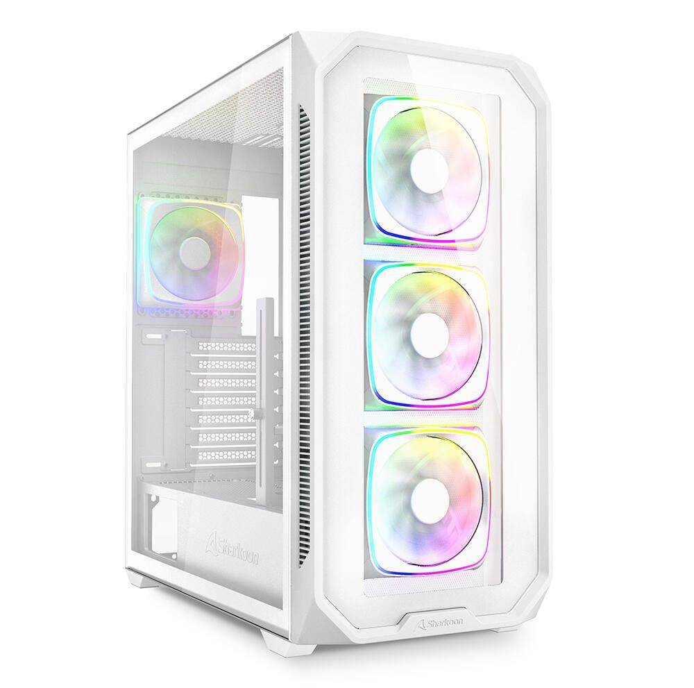 Ein weißer Computer-Gehäuse mit vier nach vorne gerichteten, kreisförmigen Kühlüftern, die eine farbenfrohe RGB-Lichtanzeige ausstrahlen. Sichtbare seitliche Lüftungsschlitze.