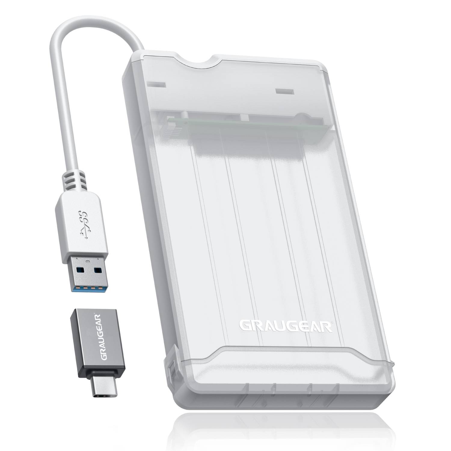 Ein transparentes Graugear-Festplattengehäuse mit USB 3.0- und USB-C-Anschlüssen, das für einfache Datenübertragung und Speicherlösungen konzipiert wurde.