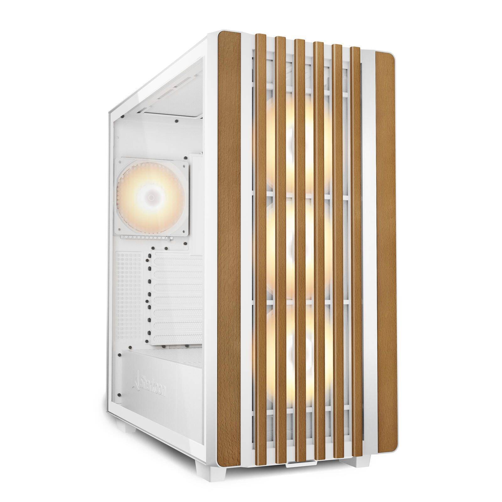 Ein weißer Computer-Tower mit Holzpaneelen und LED-Beleuchtung ist beleuchtet und zeigt sein modernes Design und seinen internen Kühlungslüfter.