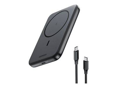 Ein schlankes, schwarzes kabelloses Ladegerät mit USB-C-Anschluss, abgebildet mit einem USB-C-Kabel daneben.