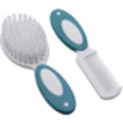 Eine blau-weiße ovale Haarbürste mit einem passenden Kamm auf weißem Hintergrund, konzipiert zum Kämmen oder Stylen von Haaren.