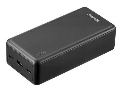 Eine schwarze tragbare Powerbank mit Markenlogo oben und mehreren Ladeanschlüssen an der Seite, einschließlich USB- und USB-C-Optionen.