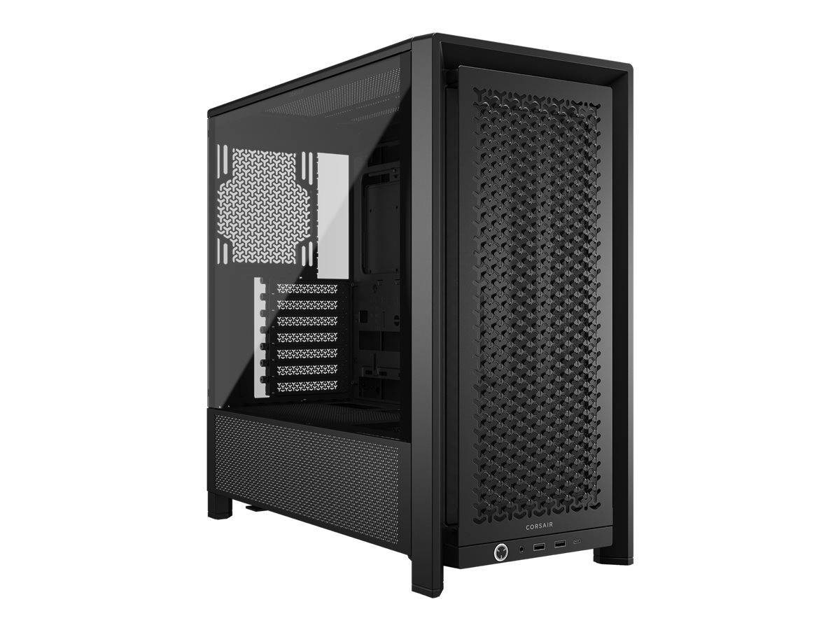 Ein schwarzes Computer-Tower-Gehäuse mit Mesh-Front, Seitenscheibe aus Glas und offengelegten internen Fächern für die Hardwareinstallation.