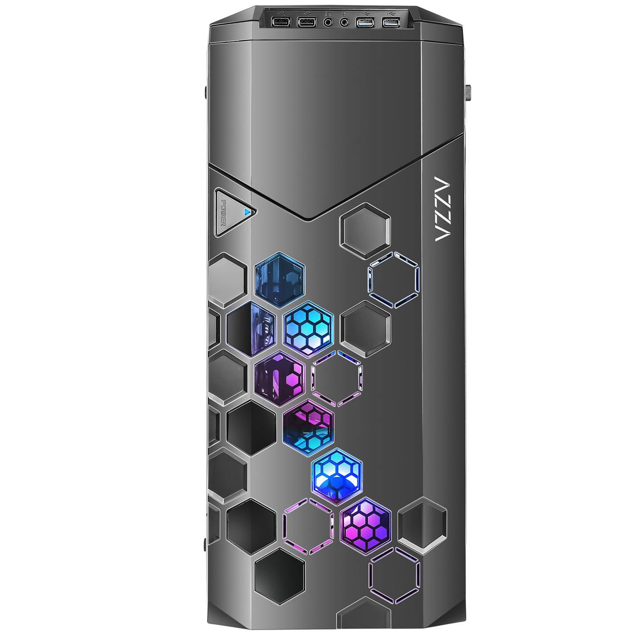 Ein elegantes Computergehäuse mit einem sechseckigen Muster auf der Frontplatte, das RGB-Beleuchtung durch das Design zeigt und Anschlüsse auf der Oberseite hat.