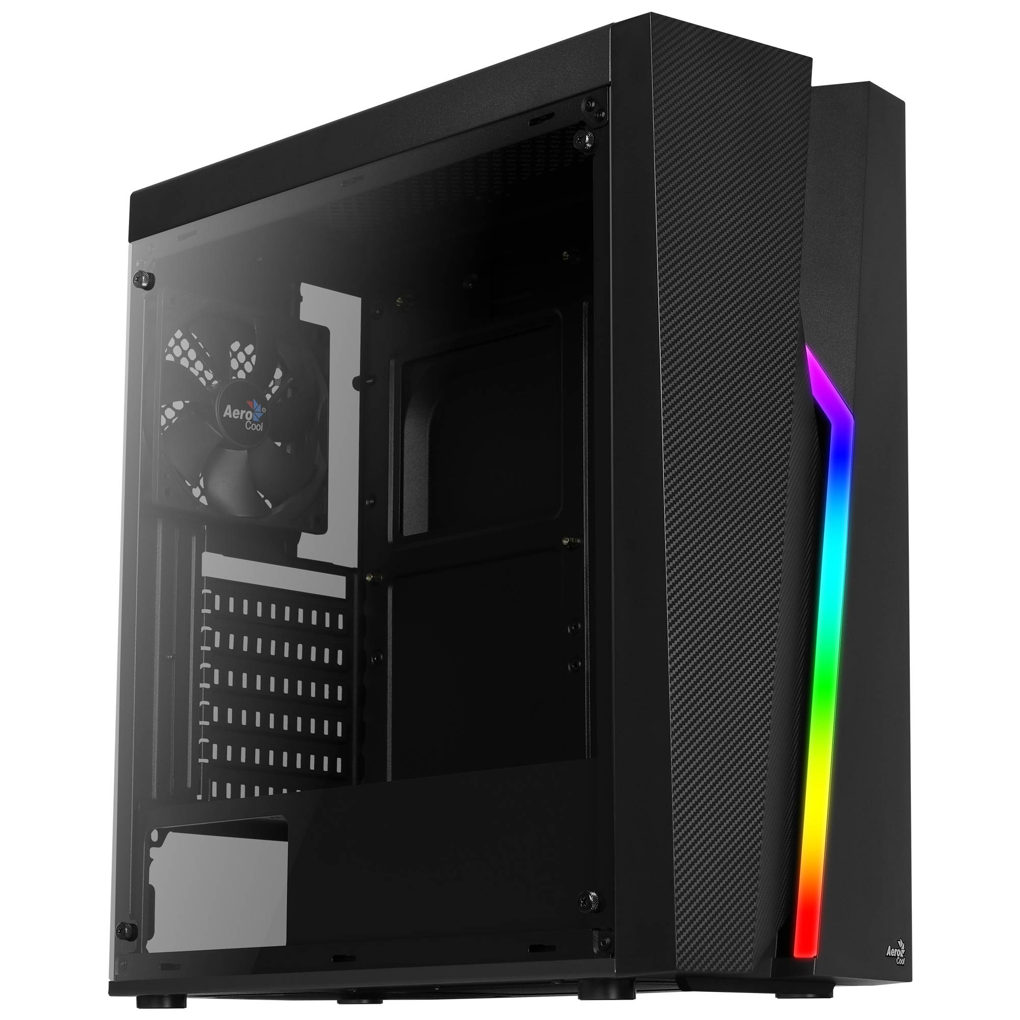 Ein schwarzes Computergehäuse mit transparenter Seitenwand und farbenfroher RGB-Beleuchtung an der Vorderseite, die seine internen Komponenten und den Kühlventilator zur Schau stellt.