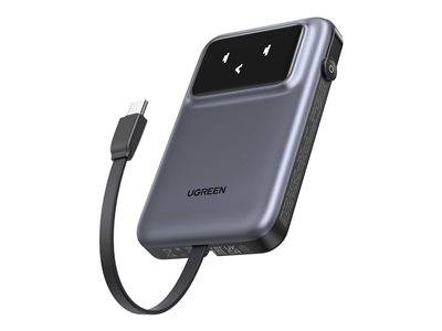 Eine tragbare graue Powerbank mit digitaler Anzeige und angeschlossenem USB-C-Kabel, mit der Marke 