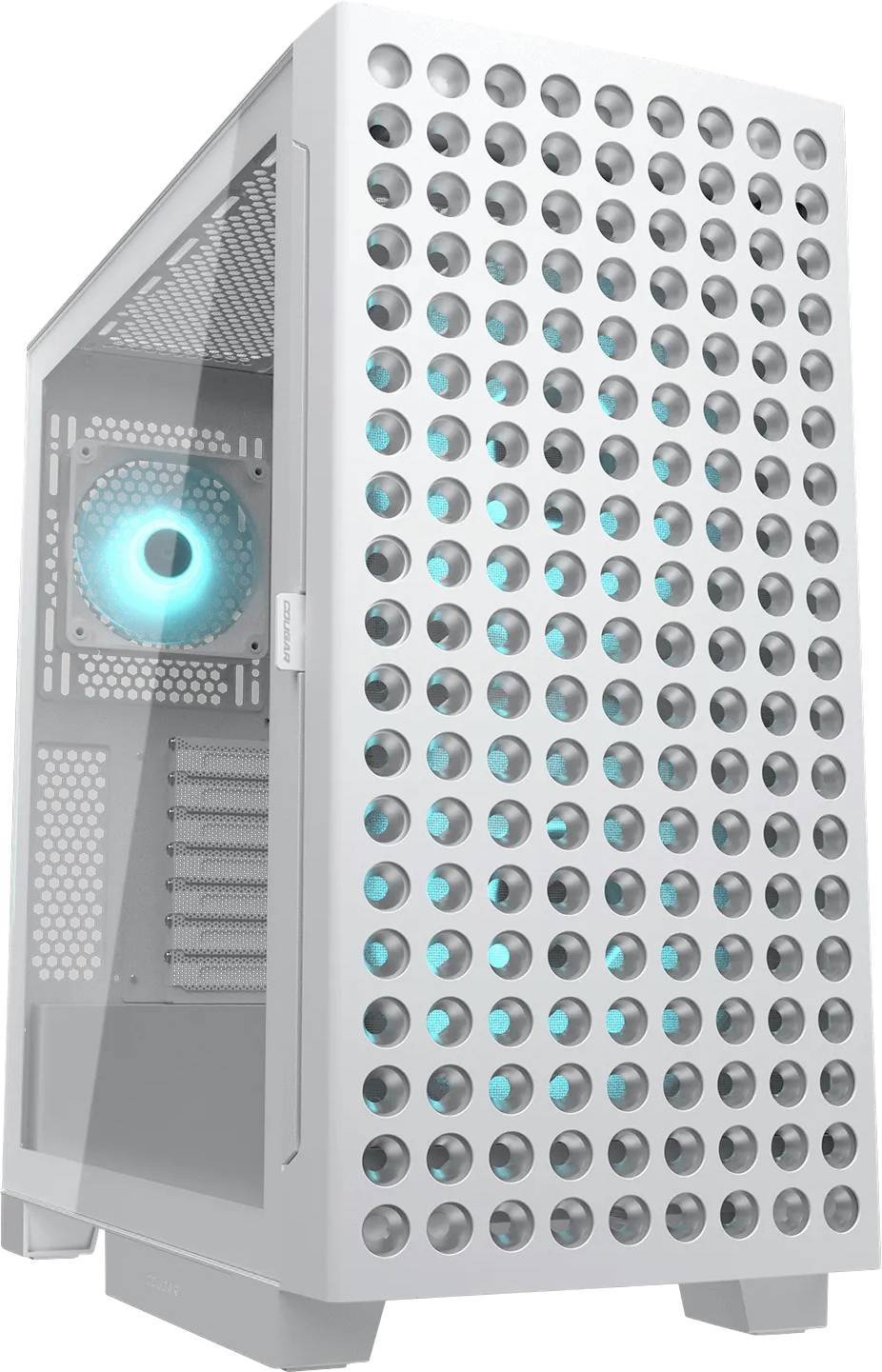 Ein Computer-Tower-Gehäuse mit perforierter Frontblende und sichtbarem blau beleuchteten Kühlventilator im Inneren. Das Design verbessert die Luftzirkulation und Kühlung.