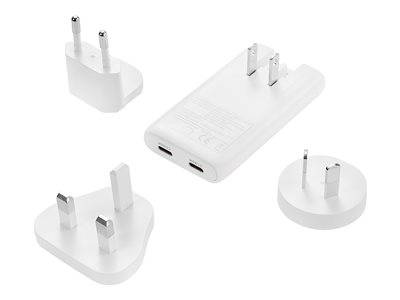 Universeller Reiseadapter-Set in Weiß mit mehreren Steckertypen für verschiedene Regionen, einschließlich EU-, UK-, US- und AU-Stecker.