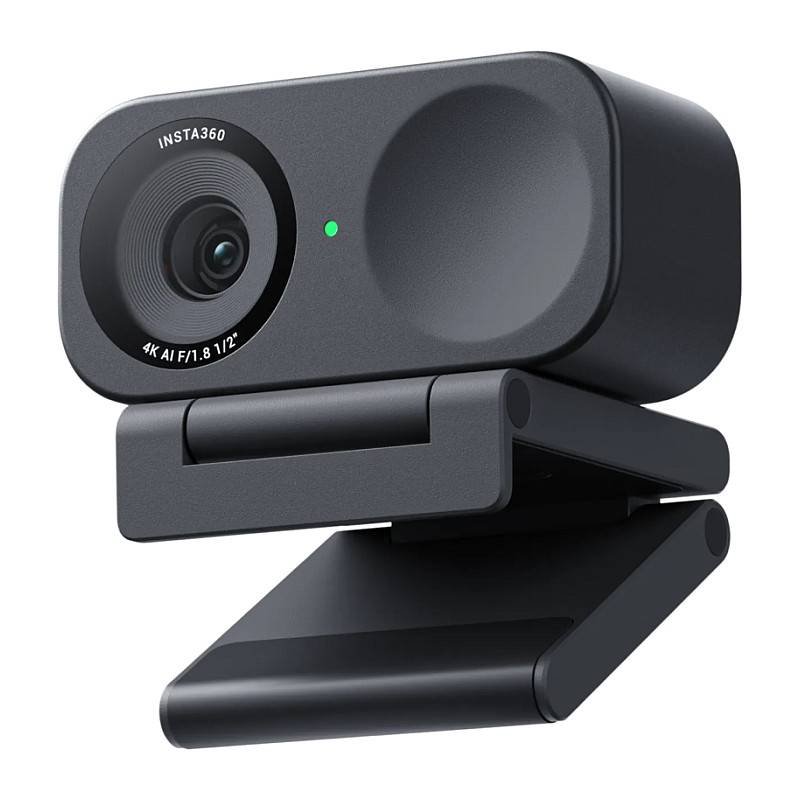 Eine elegante schwarze Webcam mit Weitwinkelobjektiv mit der Bezeichnung „INSTA360