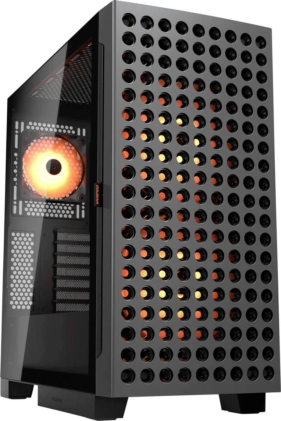 Ein Computer-Gehäuse mit perforiertem Frontpanel und einem sichtbaren orange beleuchteten Kühlventilator im Inneren.