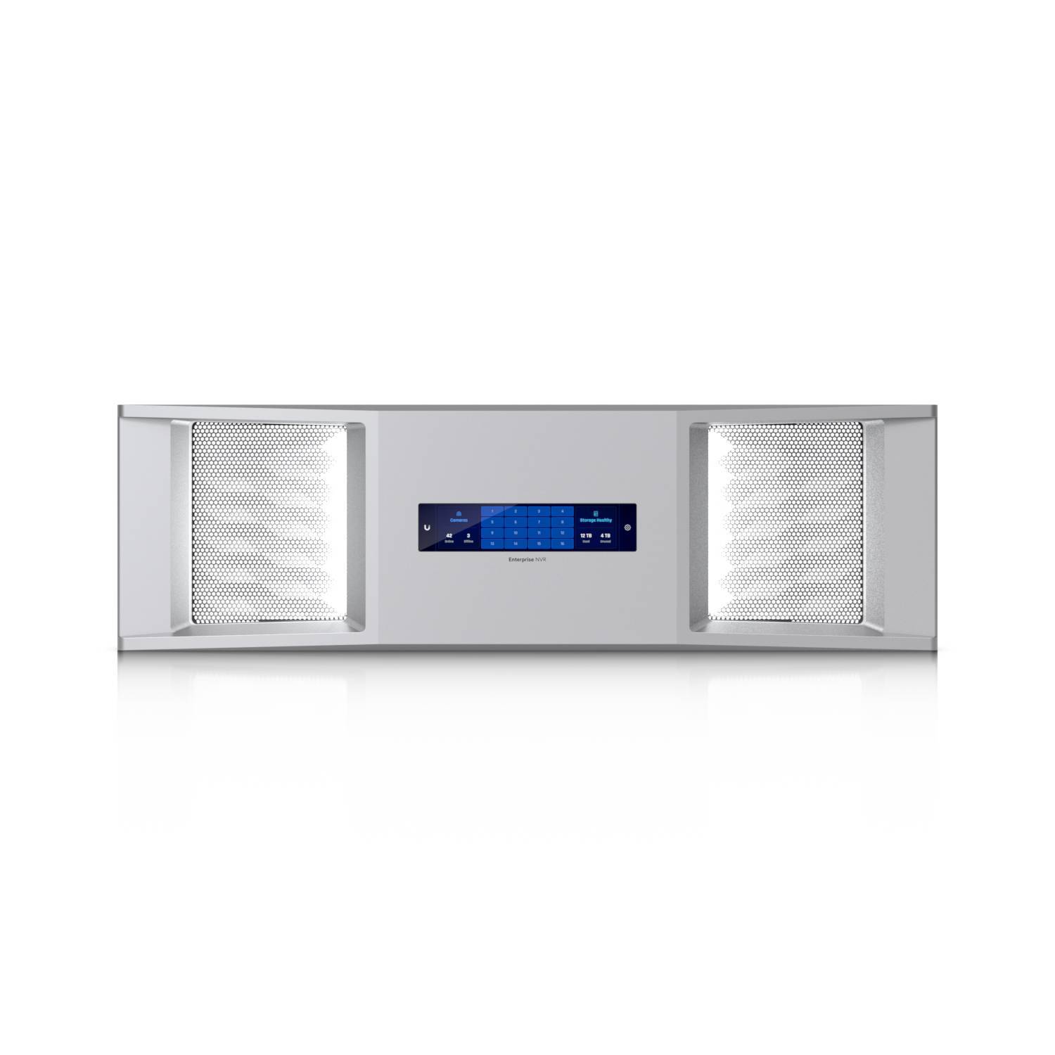 Eine schlanke weiße Dunstabzugshaube für die Küche mit einem digitalen Display in der Mitte, das eine blaue Benutzeroberfläche und Steuerungstasten aufweist, mit Lüftungsöffnungen auf beiden Seiten.