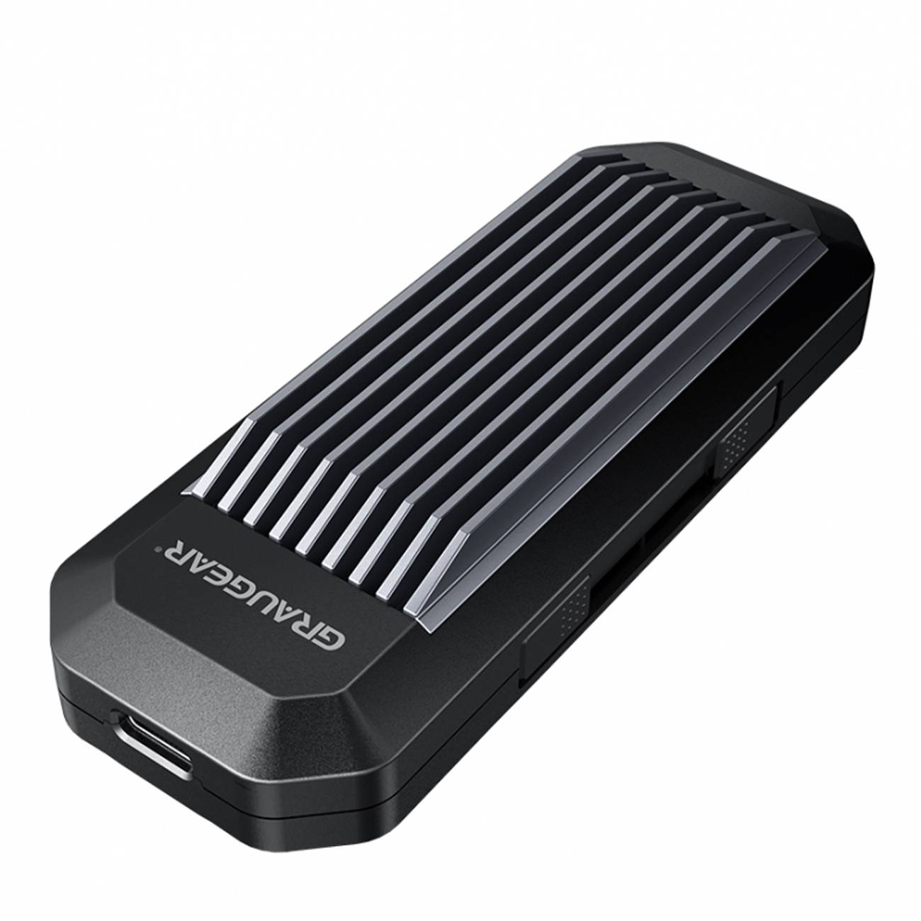 Ein schlankes, schwarzes externes SSD-Gehäuse mit geripptem Design, gekennzeichnet mit „ORANGEAR