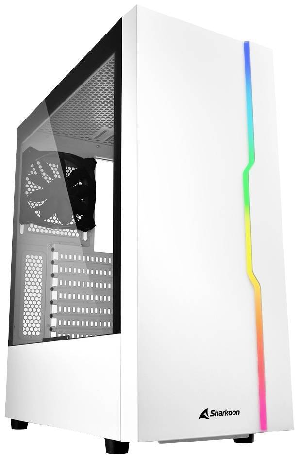 Ein elegantes, weißes Computergehäuse mit seitlichem Glaspanel, das die internen Komponenten zeigt. Eine vertikale Leiste mit regenbogenfarbener LED-Beleuchtung schmückt die Vorderseite.