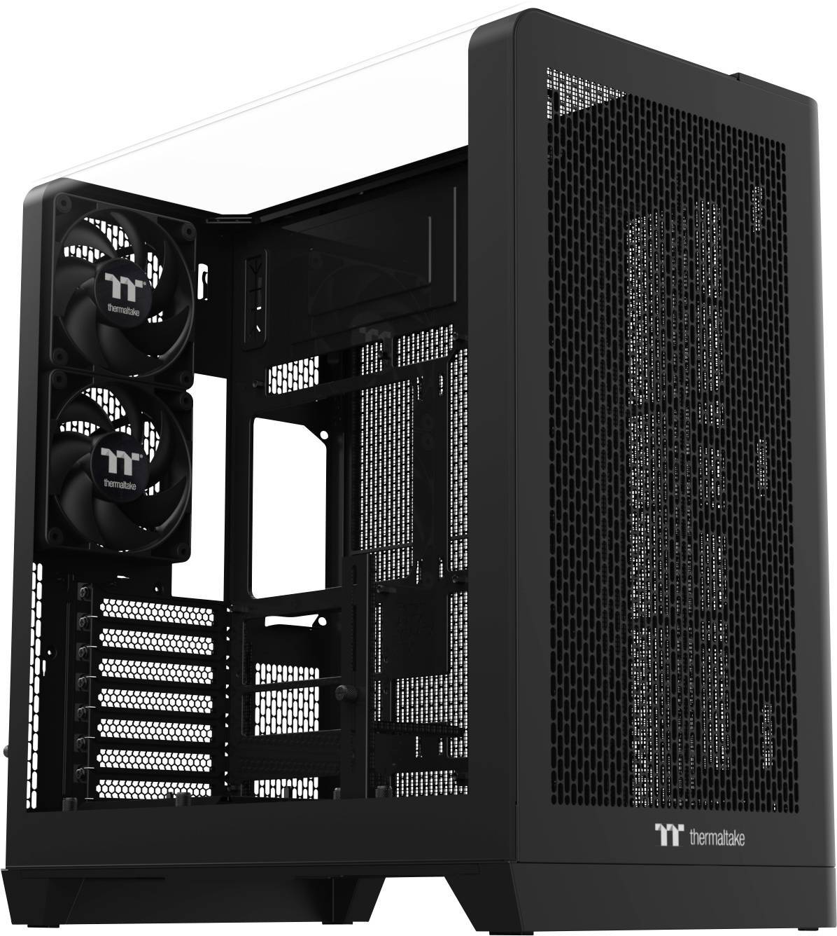 Ein schwarzes Thermaltake-Computergehäuse mit zwei Kühlventilatoren und großem offenem Innenraum für anpassbare PC-Builds.