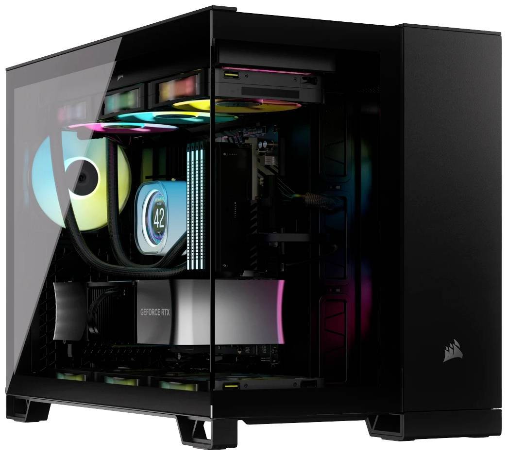 Ein schwarzer Gaming-PC mit transparenter Seitenwand zeigt bunte Innenbeleuchtung, Kühlungsventilatoren und eine 