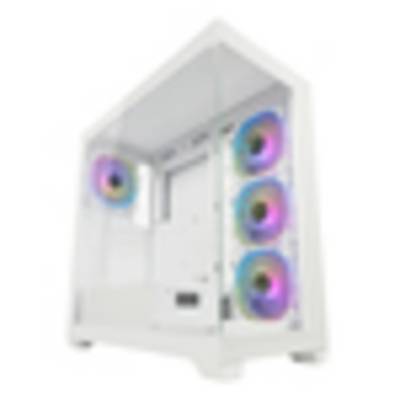 Ein weißes Computergehäuse mit transparenter Seitenwand zeigt vier bunte RGB-Lüfter im Inneren und präsentiert seine internen Komponenten.