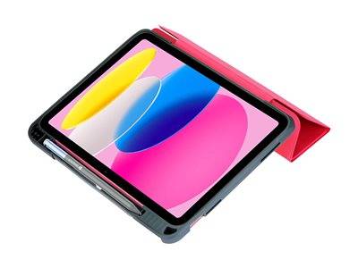 Ein Tablet mit einem farbenfrohen Bildschirm, auf dem sich überlappende blaue, rosa und gelbe Formen zeigen, in einer Schutzhülle untergebracht und mit einem befestigten Stylus.